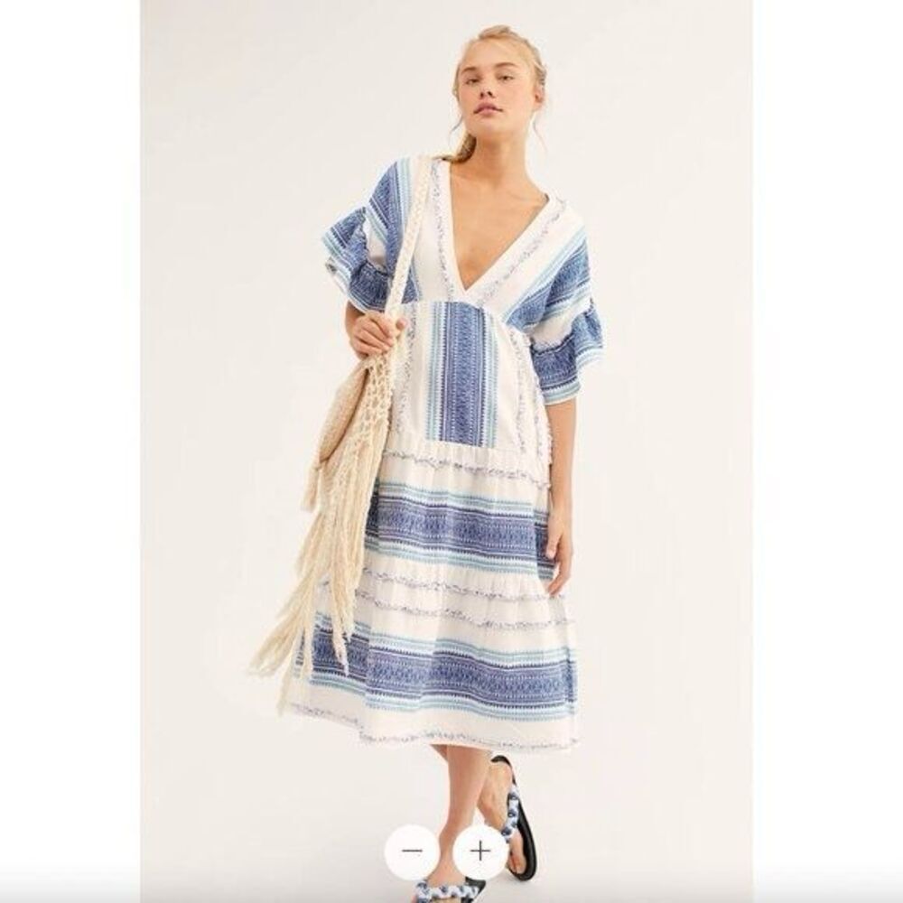 SAYLOR X REVOLVE women’s white & blue BOHO ruffle sleeve midi dress sz small